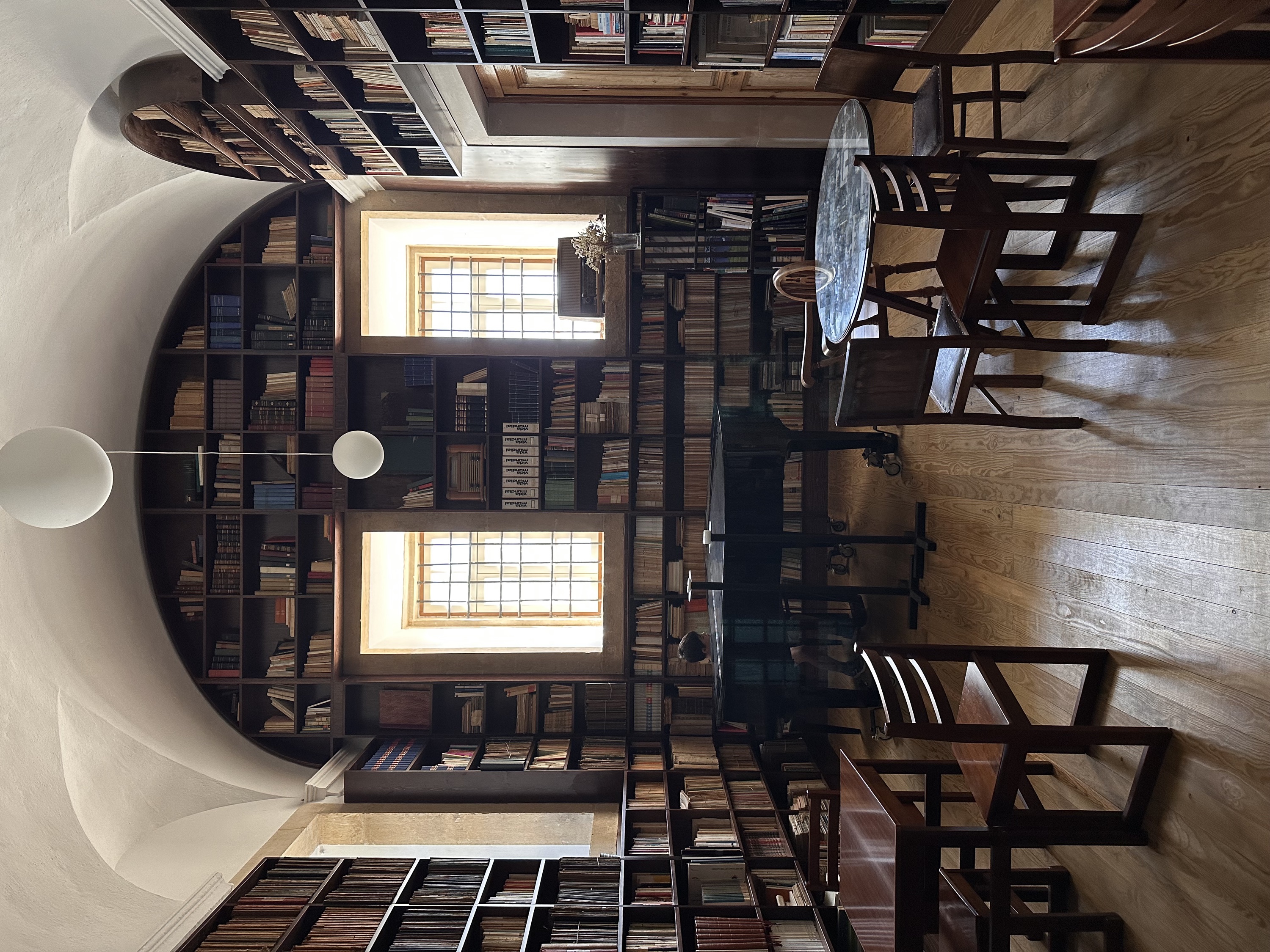 Library interior with wooden shelves